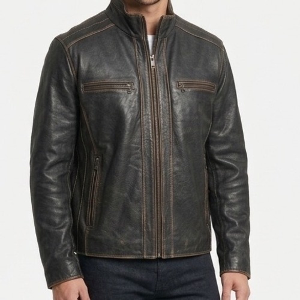 Marc New York Andrew Marc Leather Jacket XL Black Distressed Moto Cafe Racer